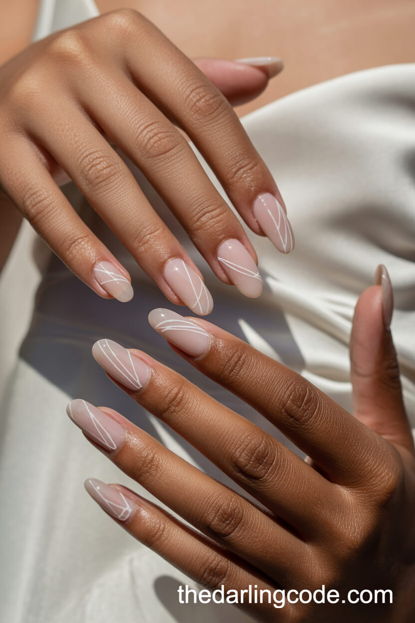 Nude Nails With Geometric White Line Art