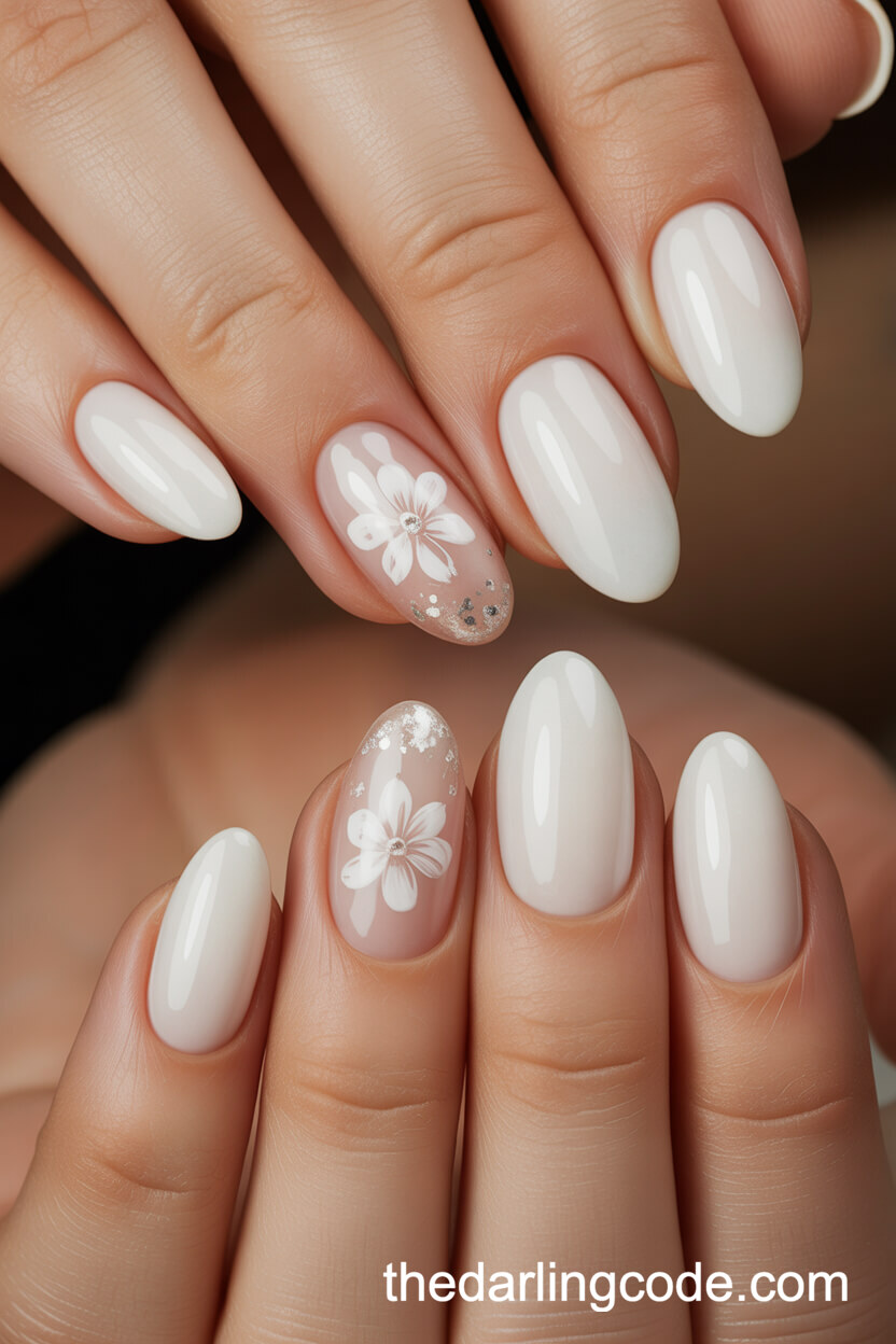 Sheer Milky White Nails With Floral And Glitter Accents