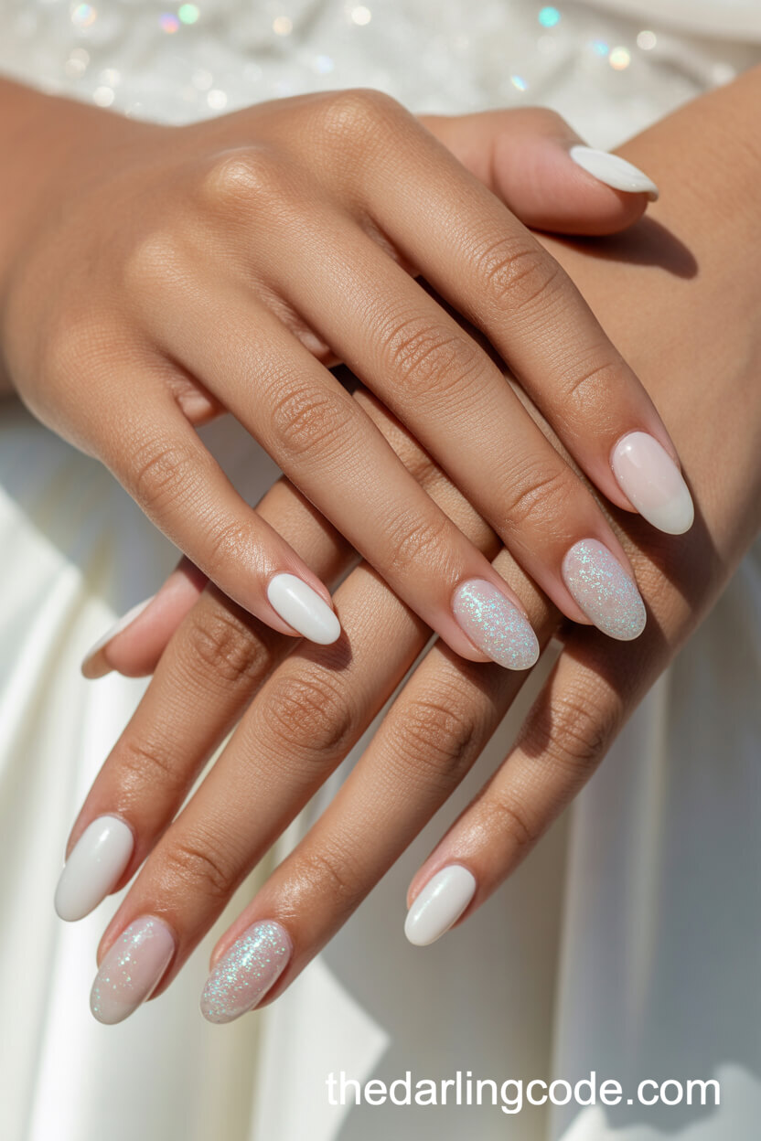 Sheer White Nails With Iridescent Glitter Accent