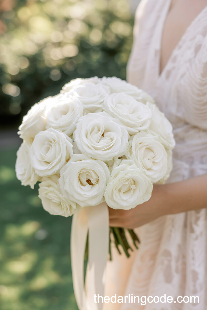 Classic White Rose Bouquet With Satin Ribbon