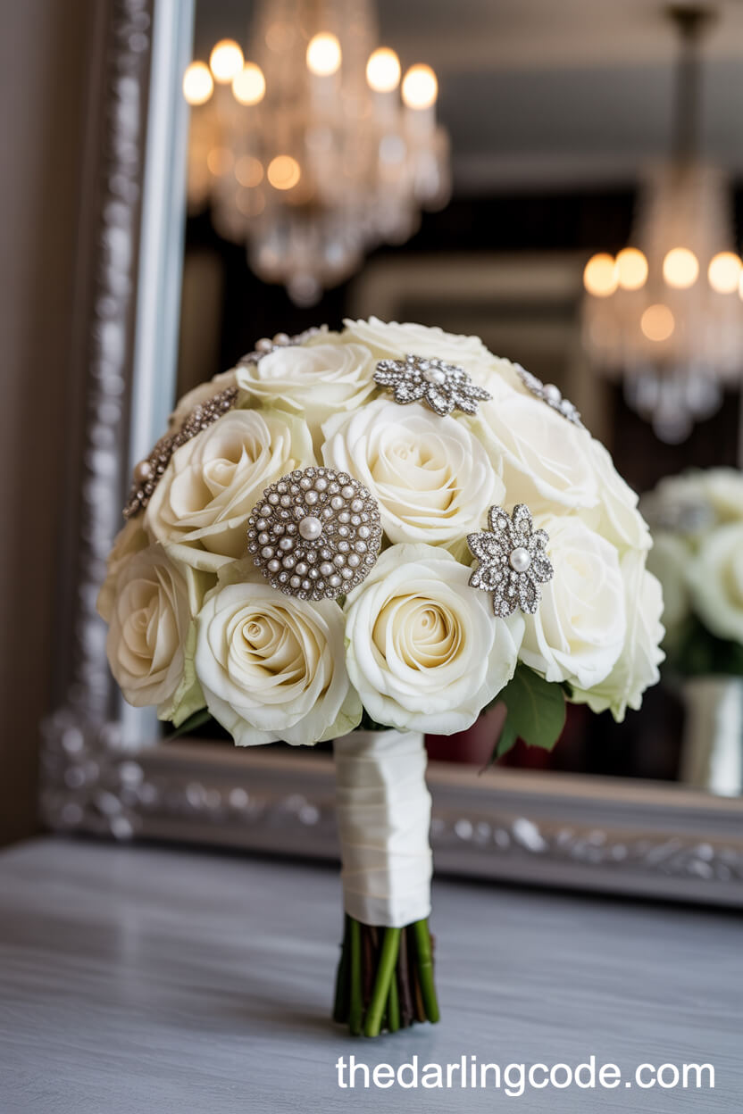 Glamorous White Rose Bouquet With Pearl And Rhinestone Accents