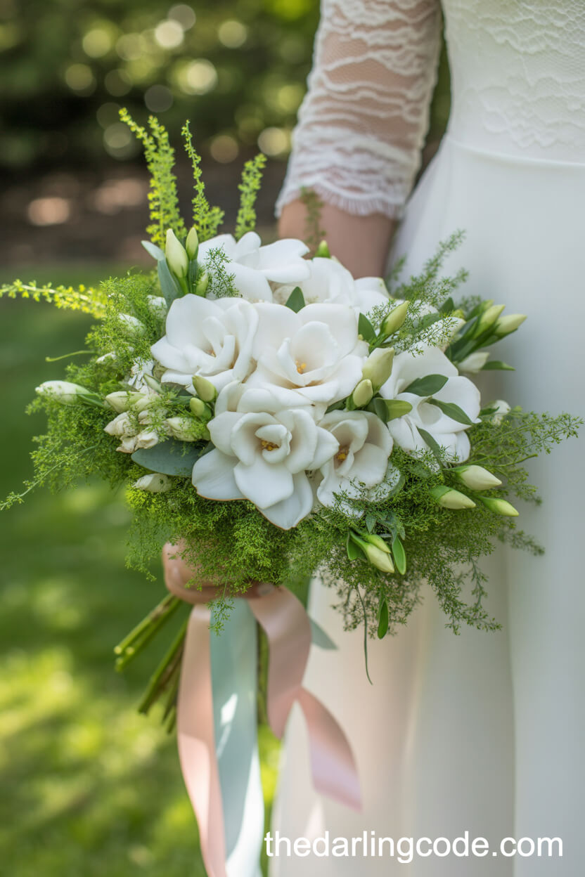 White Gardenia And Fern Bouquet With Pastel Ribbon