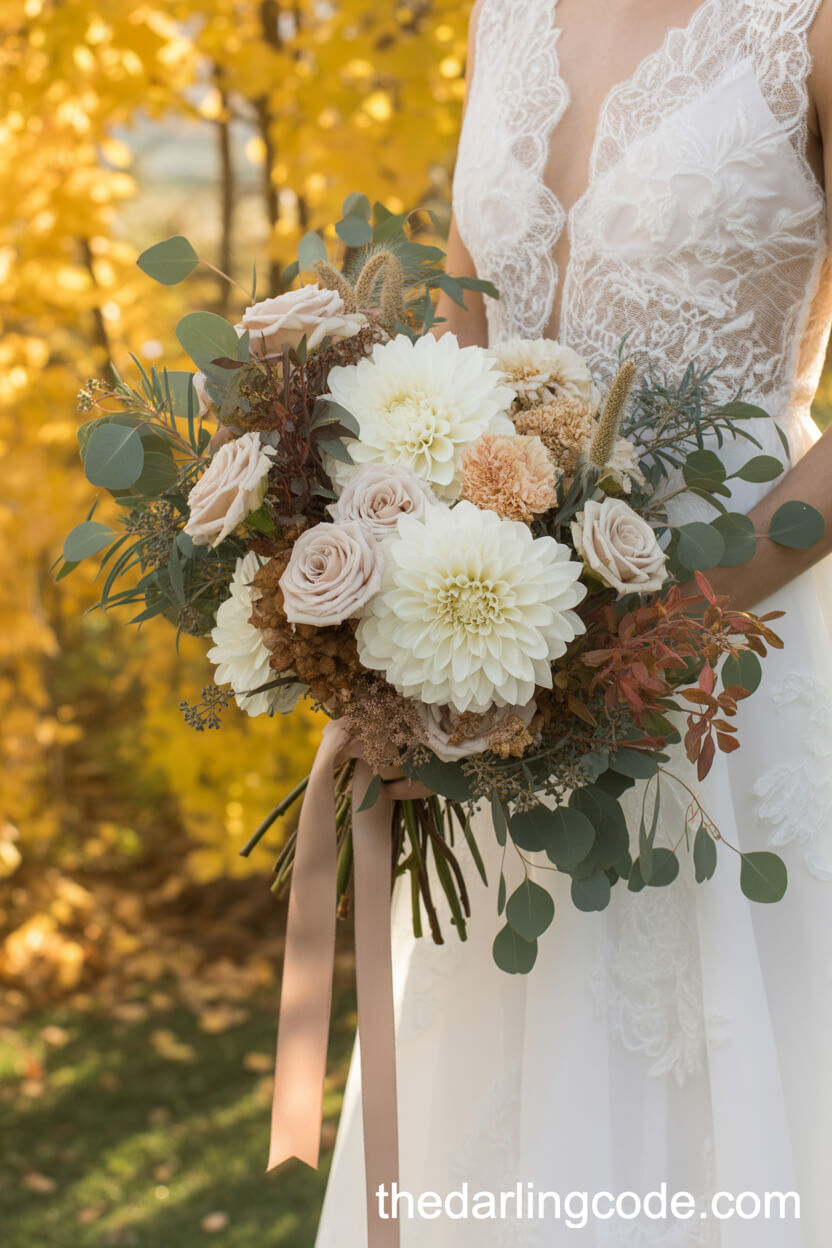Autumn White Dahlia And Eucalyptus Bridal Bouquet