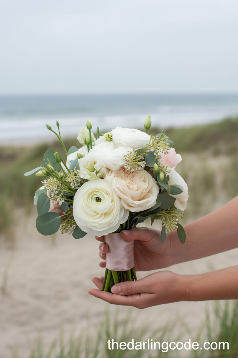 Compact White Ranunculus And Creamy Rose Coastal Bouquet