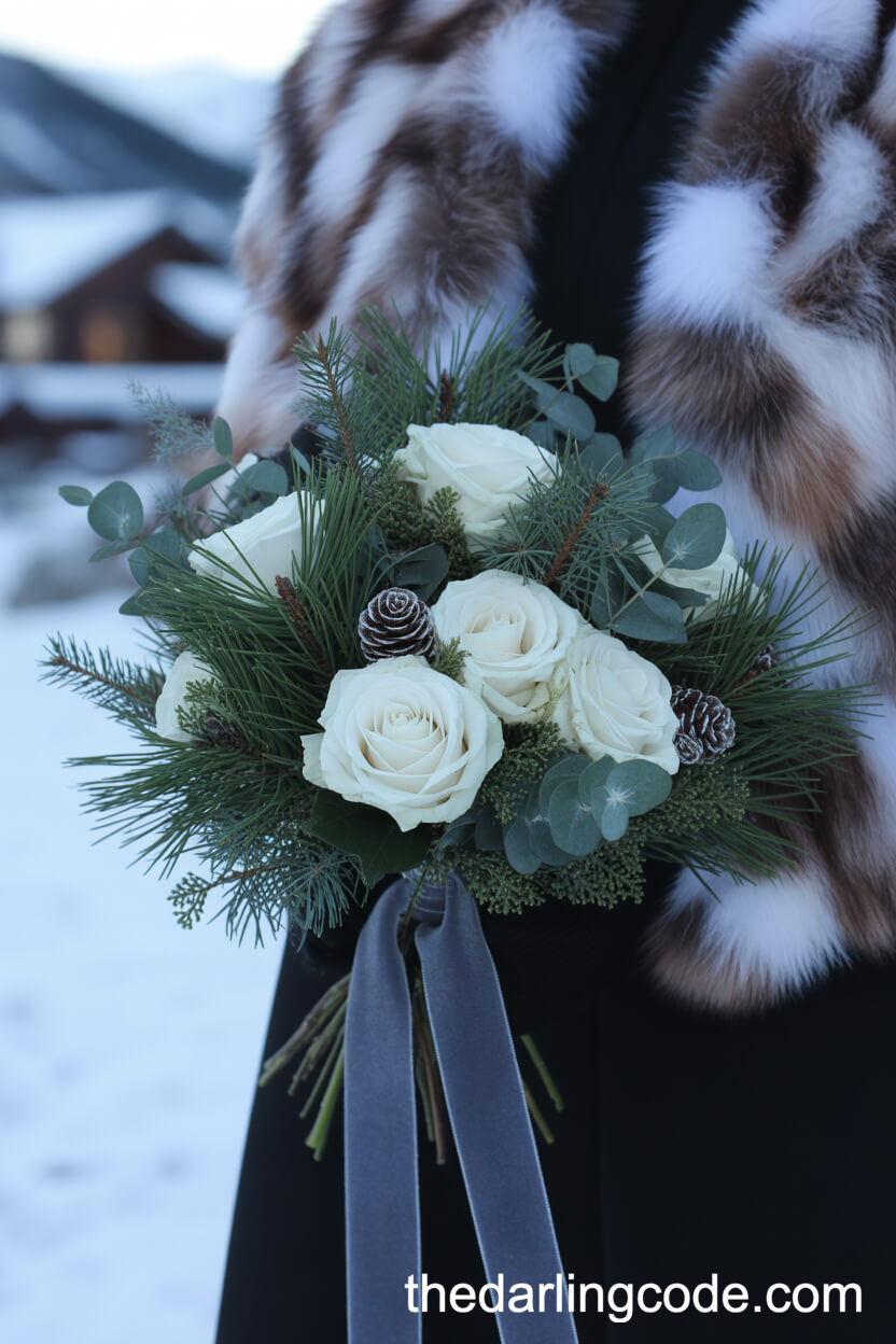 Winter White Rose And Pinecone Bridal Bouquet