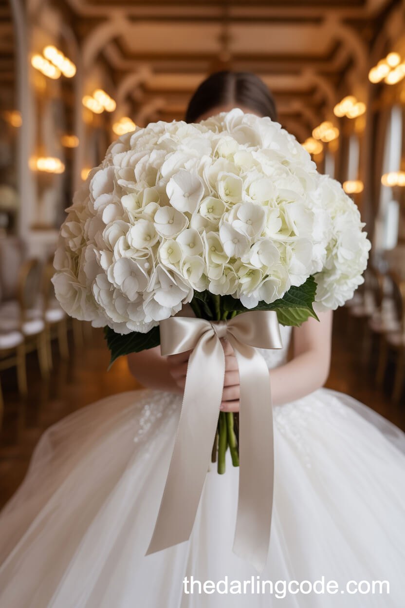 Plush White Hydrangea Bouquet With Satin Bow