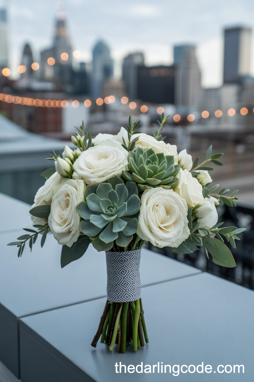 Modern White Spray Rose And Succulent City Bouquet