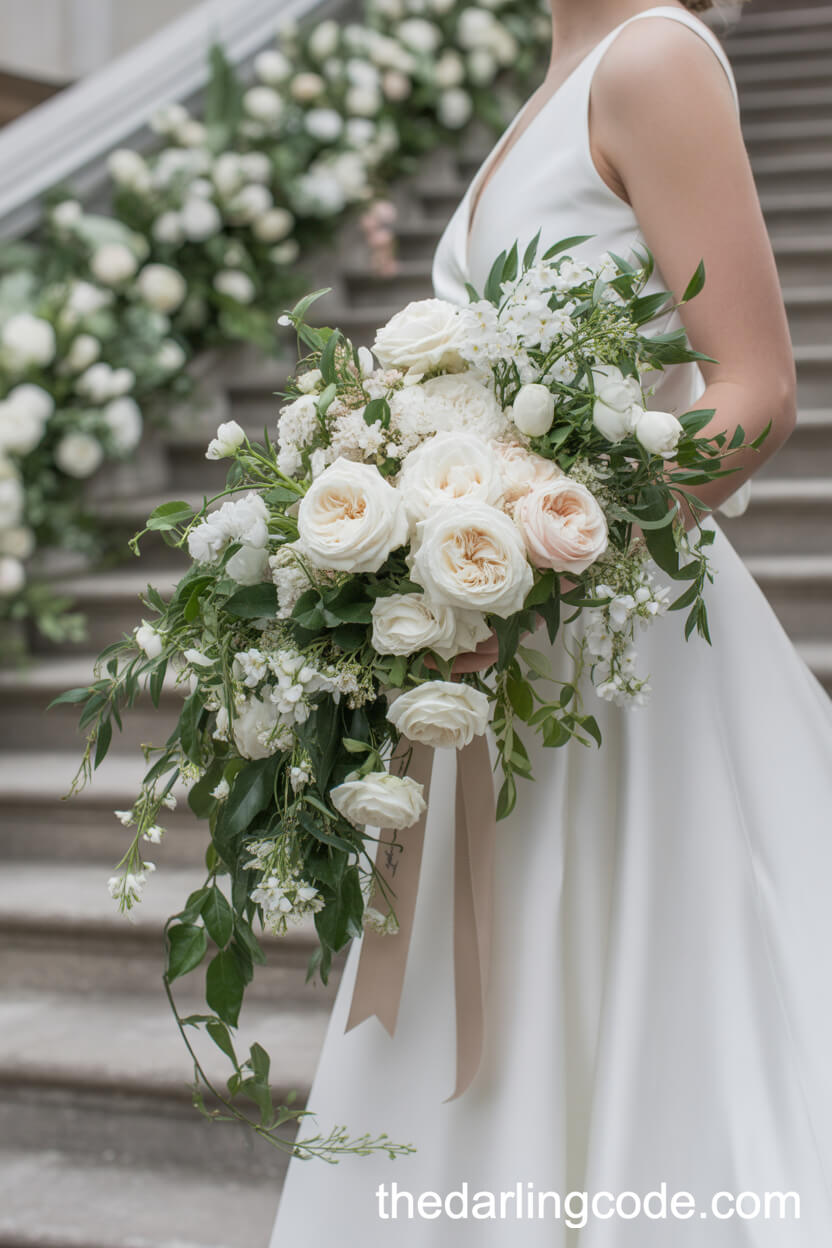 Dramatic Cascading White Garden Rose And Jasmine Bouquet