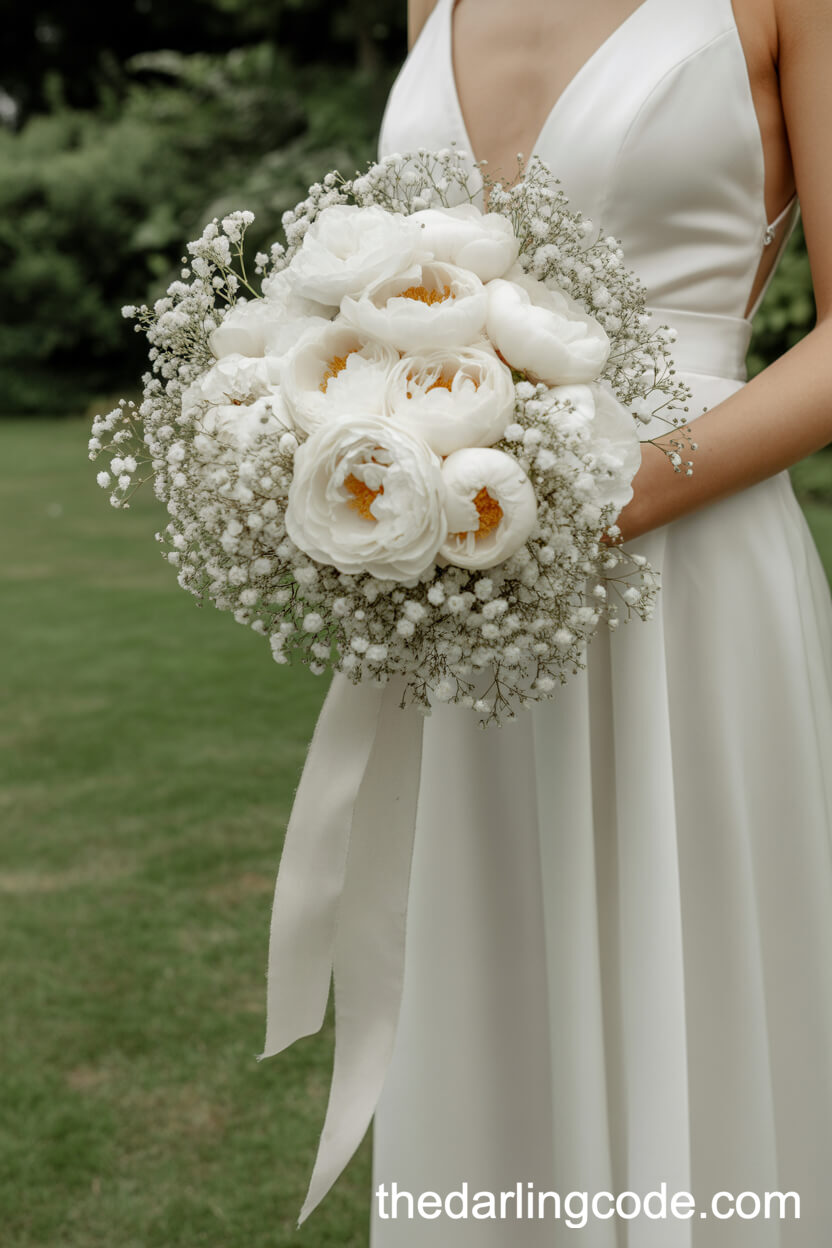 White Peony And Baby’s Breath Bouquet With Trailing Silk