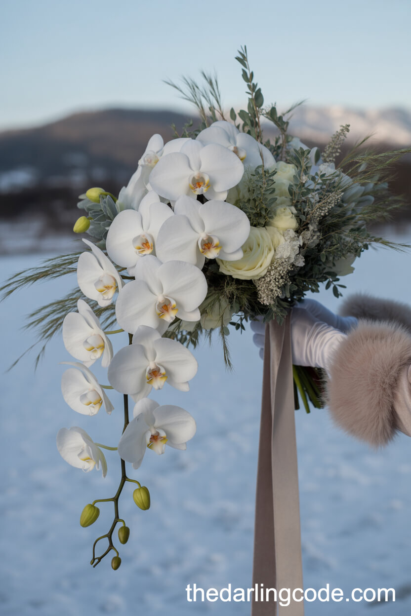 Cascading White Orchid Bouquet With Velvet Ribbon