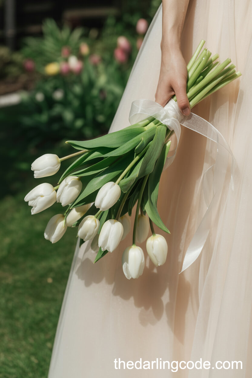 Modern White Tulip Bridal Bouquet With Organza Ribbon