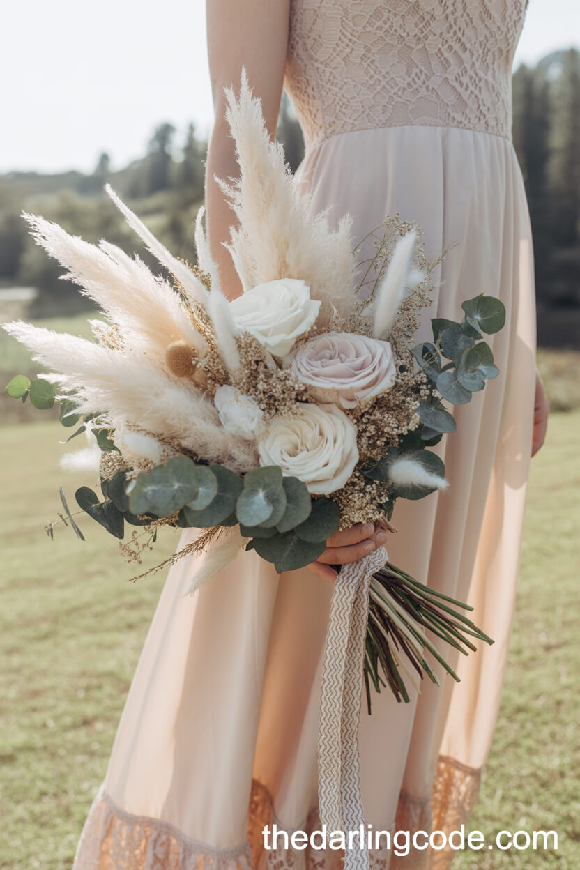Bohemian White Pampas Grass And Garden Rose Bouquet