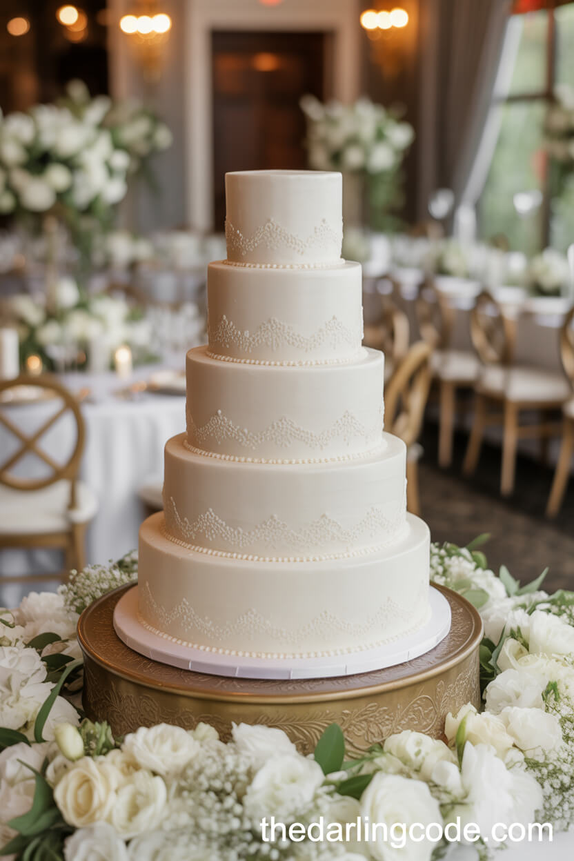 Classic Five-Tier White Wedding Cake With Lace Icing
