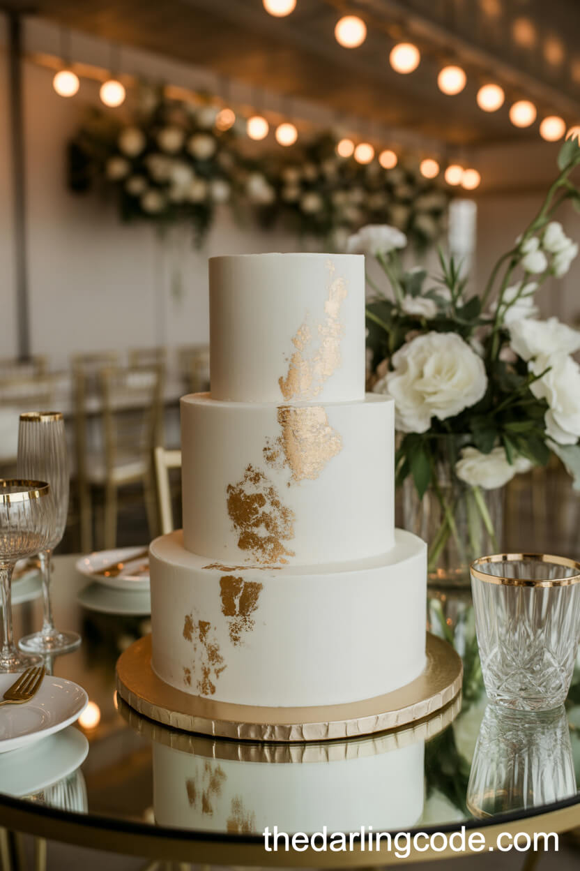 Three-Tier White Cake With Elegant Gold Leaf Accents