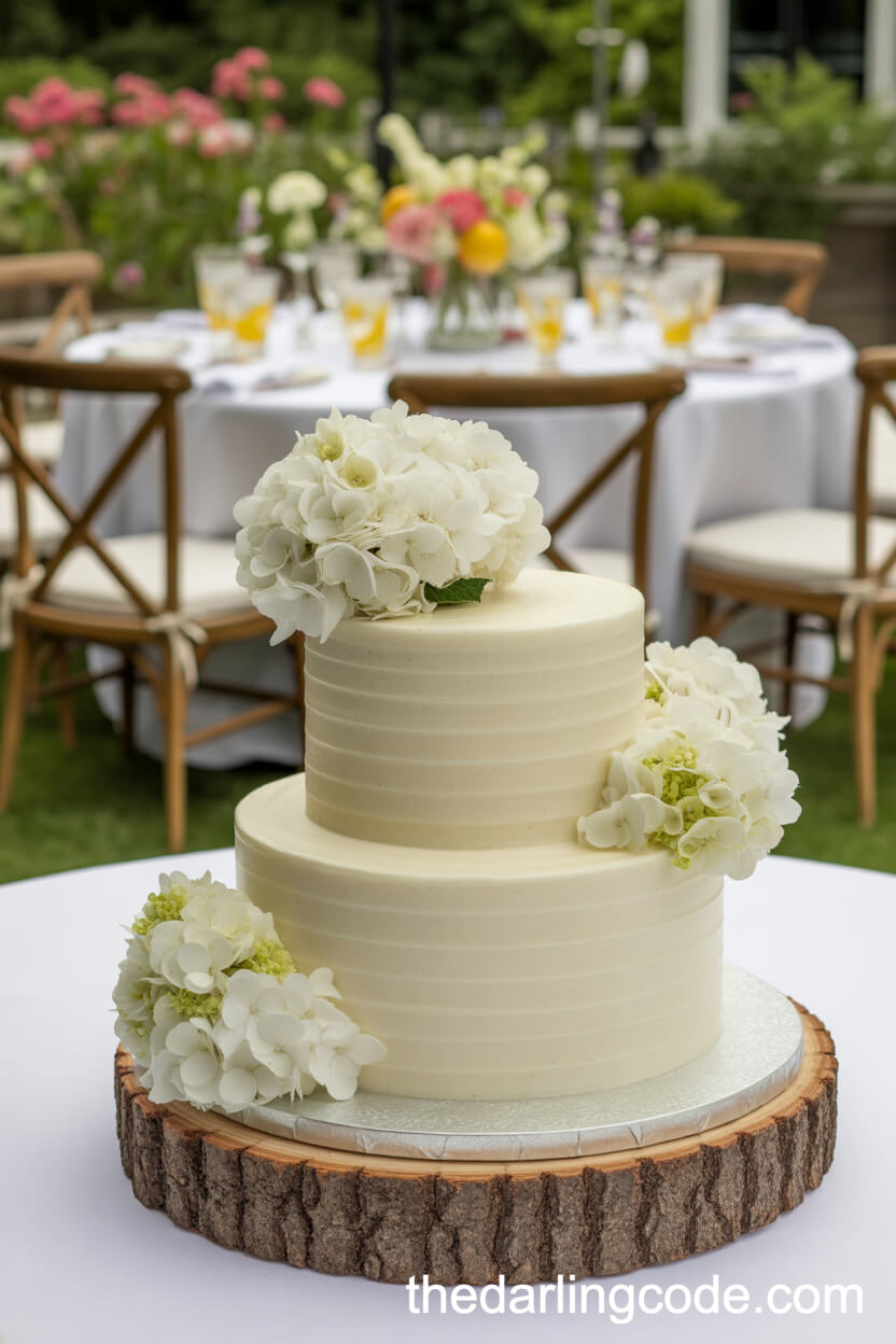 White Cake Decorated With Hydrangeas And Ribbon Details