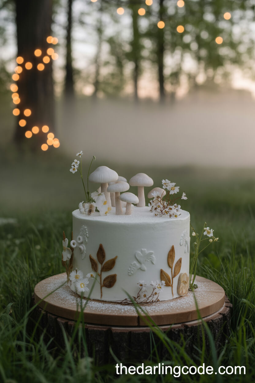 Whimsical White Cake With Edible Mushrooms And Wildflowers