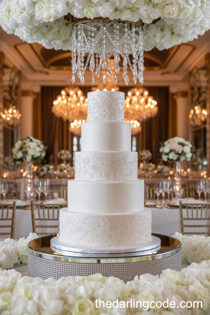 White Tiered Cake With Edible Sugar Crystals And Hanging Garlands