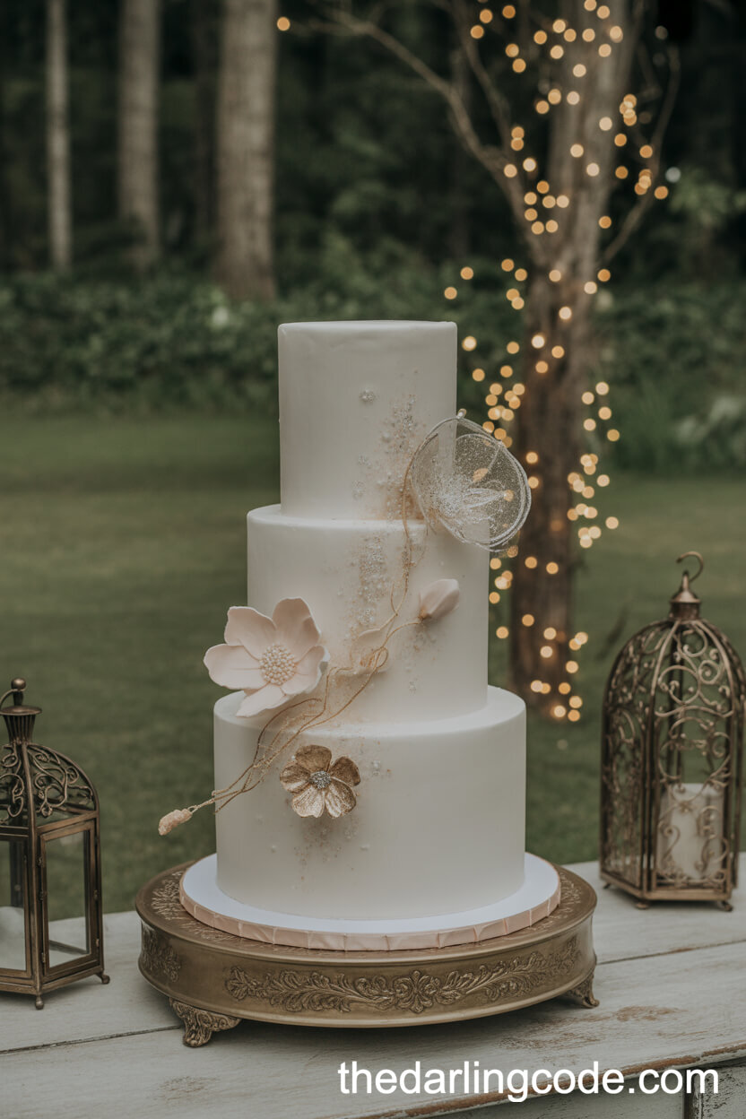 Whimsical White Cake With Fairy Dust And Sugar Flowers