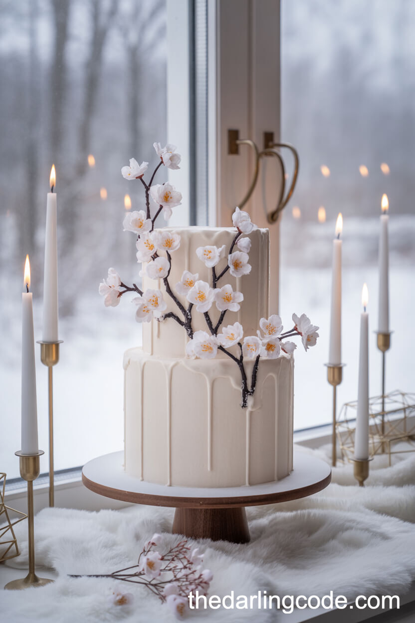 White Cake With Snow-Dusted Cherry Blossom Sugar Flowers
