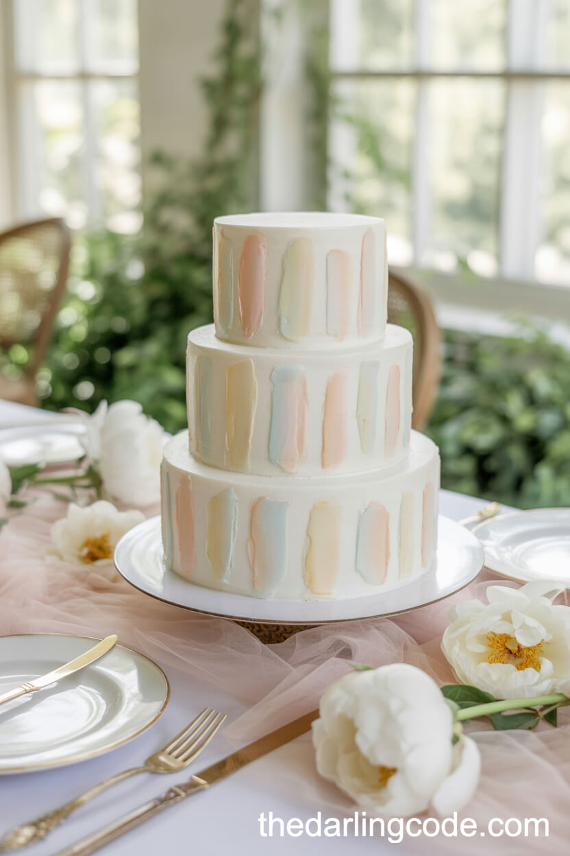 White Tiered Cake With Subtle Edible Watercolor Accents