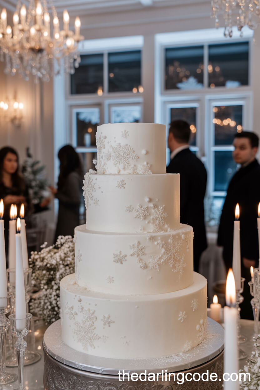 Glamorous White Cake With Edible Snowflakes And Shimmer