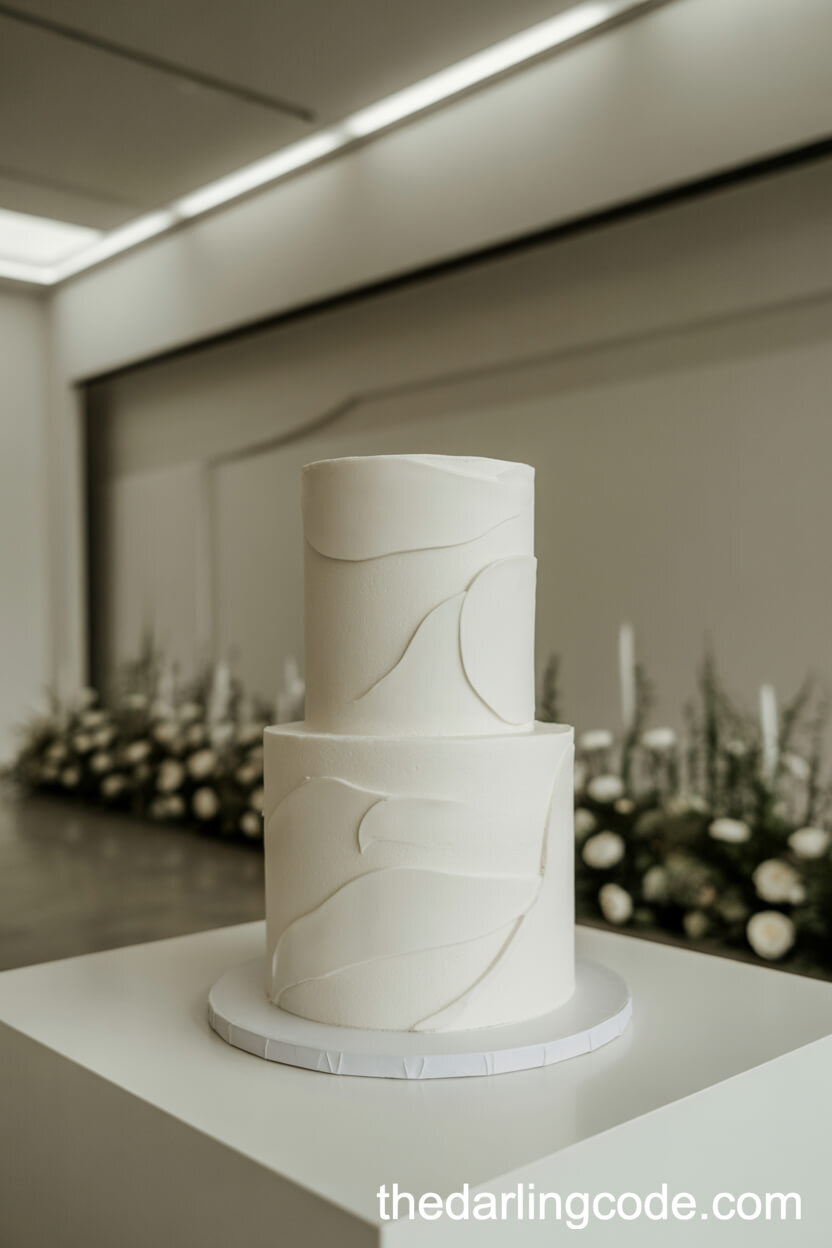 Modern Two-Tier White Wedding Cake With Geometric Patterns