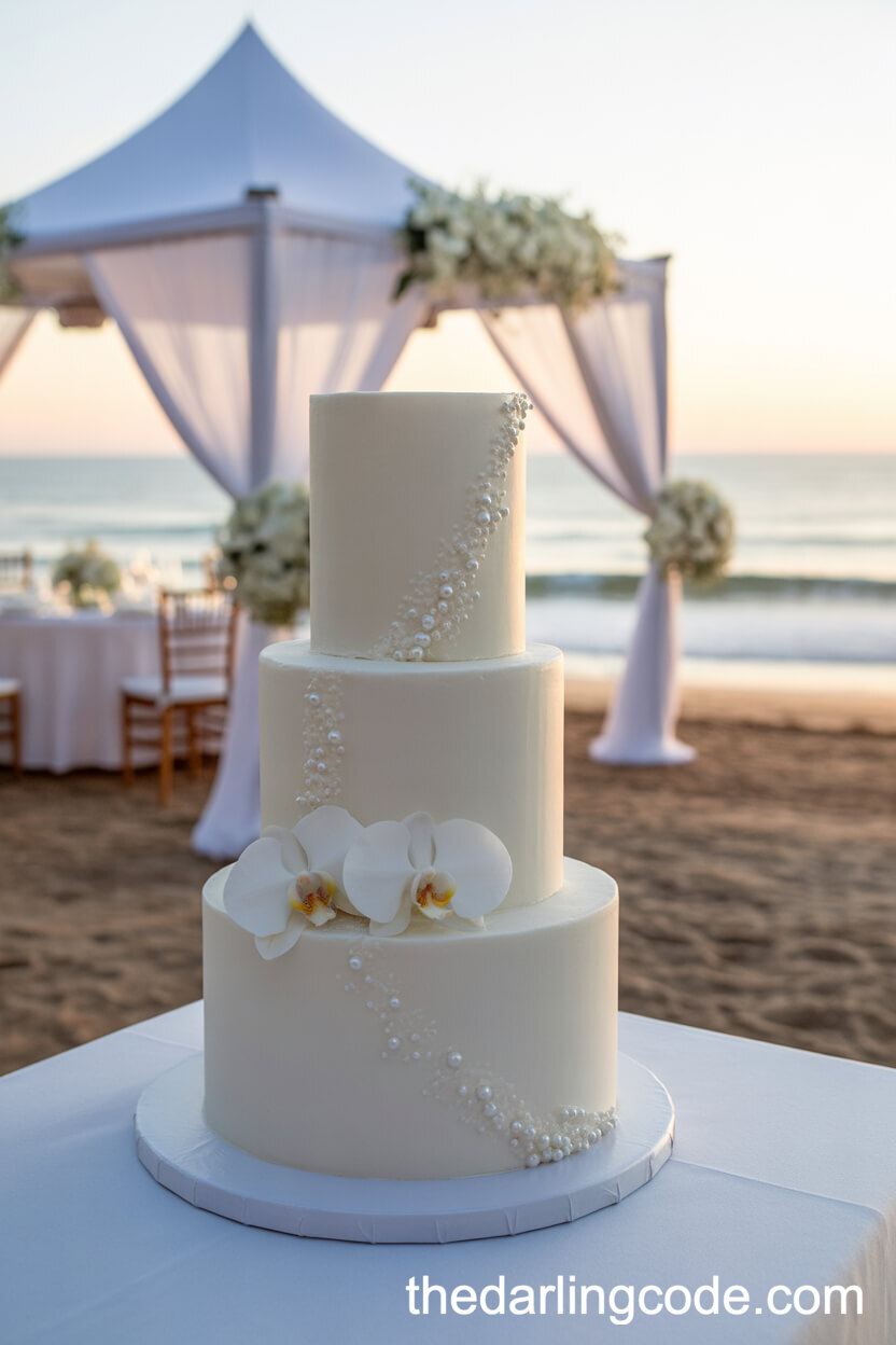White Wedding Cake With Oceanic Pearl Detailing