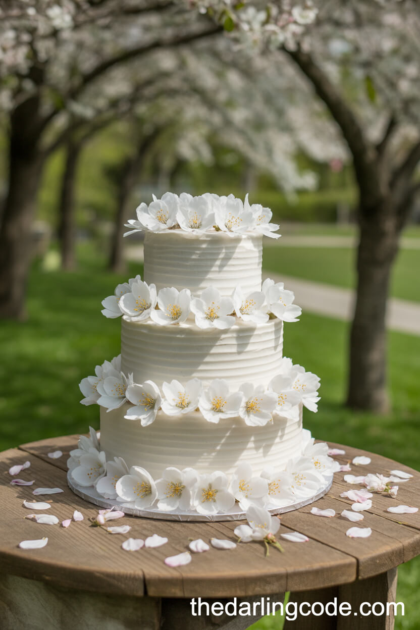 Three-Tier White Cake Adorned With Cherry Blossom FlowersThree-Tier White Cake Adorned With Cherry Blossom FlowersThree-Tier White Cake Adorned With Cherry Blossom Flowers