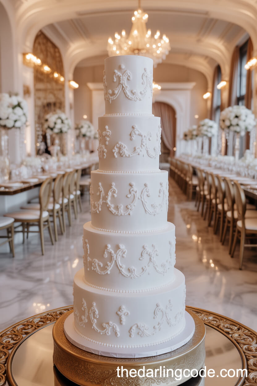 Tall White Wedding Cake With Baroque Piping And Edible Pearls