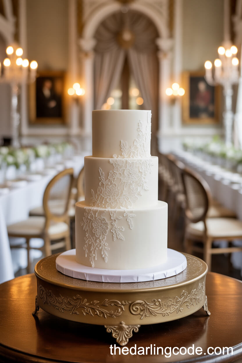 White Wedding Cake With Edible Lace Appliqué