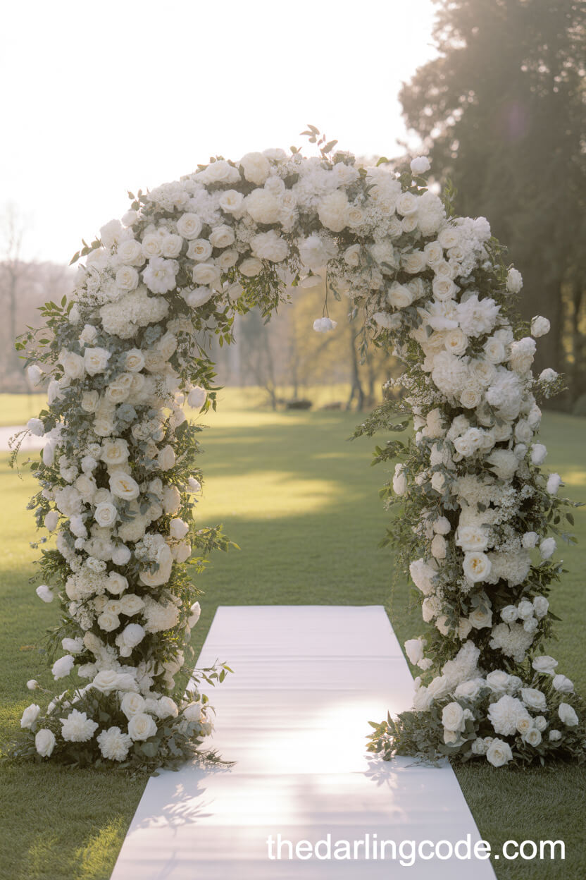 Grand White Floral Archway With Lush Greenery