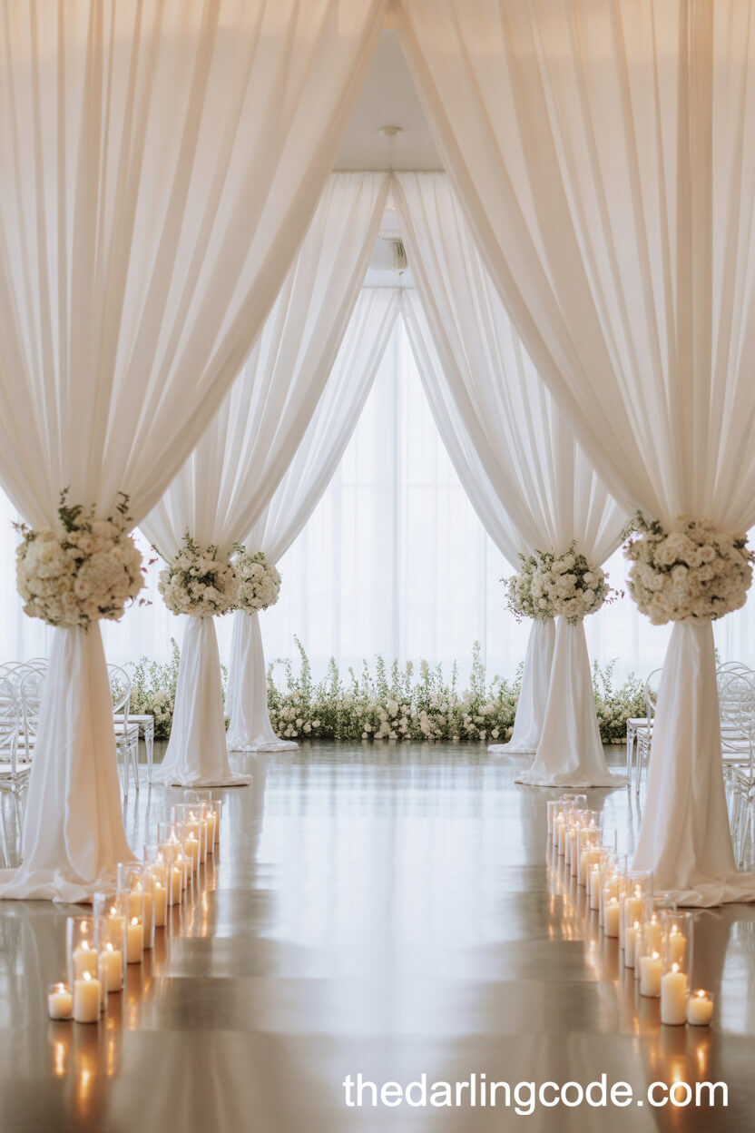 Dramatic White Draped Altars And Candlelit Aisles