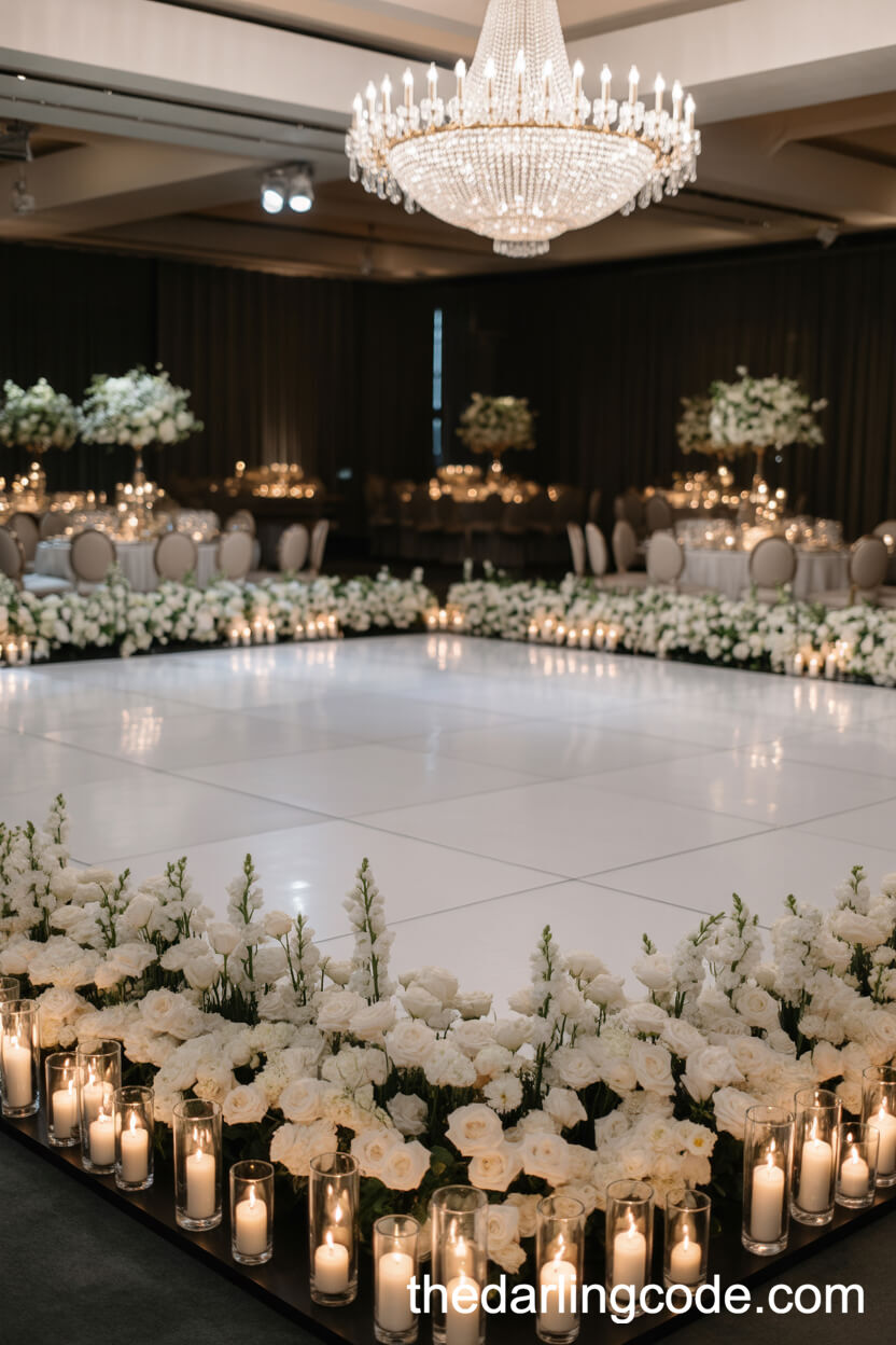 Spacious White Dance Floor With Crystal Chandelier