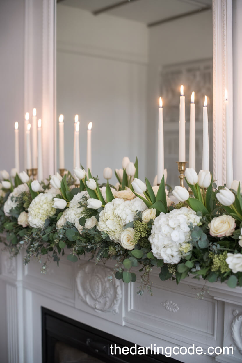 Grand Fireplace Garlanded With White Blooms And Candles