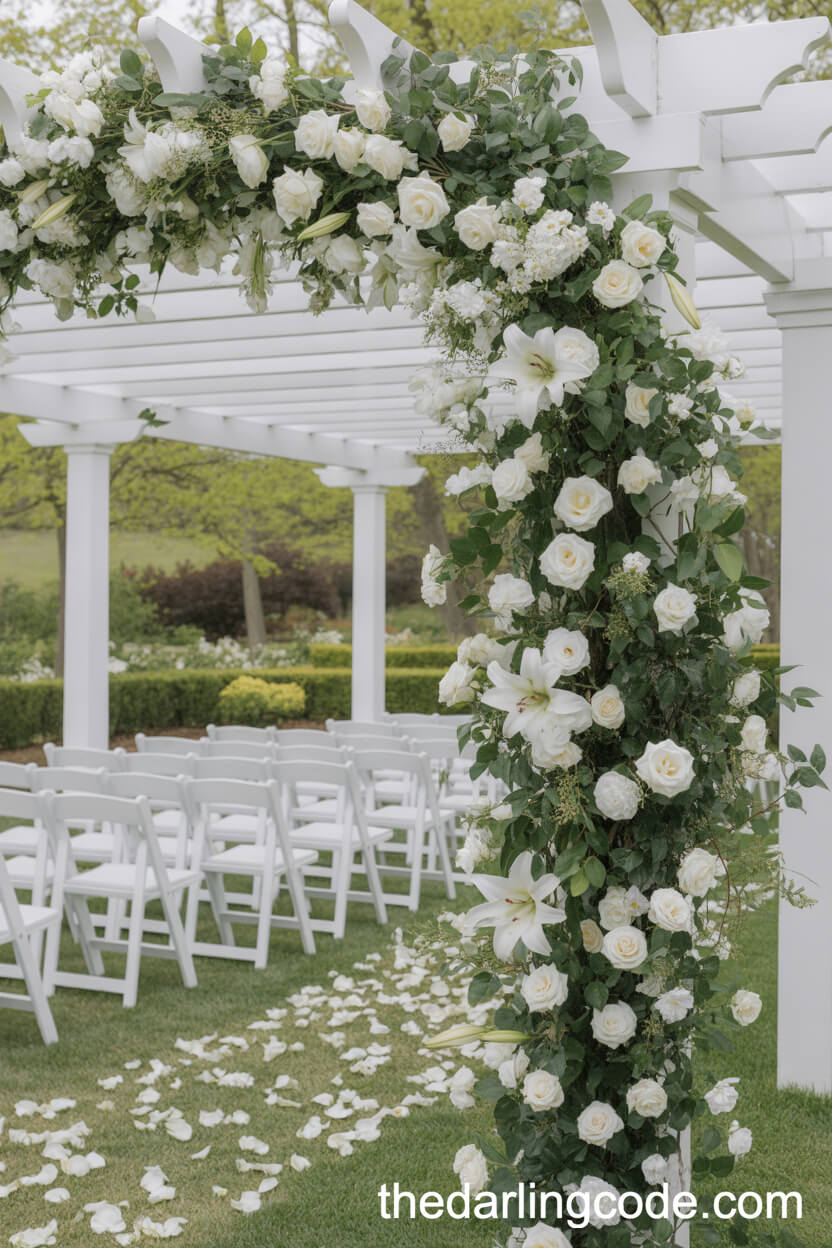 Outdoor Pergola Adorned With Climbing White Florals