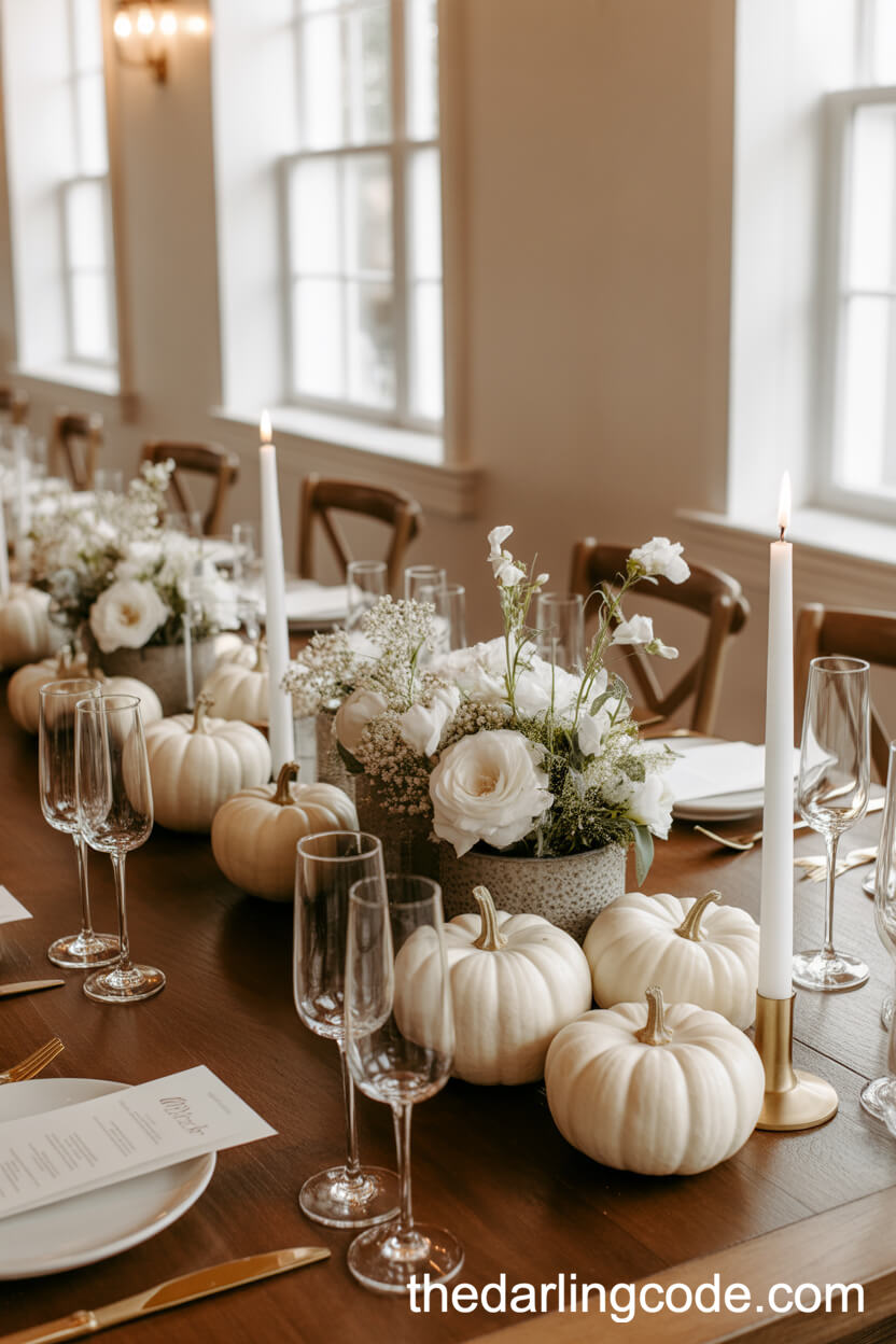 Fall Tables Decorated With White Pumpkins And Ivory Candles