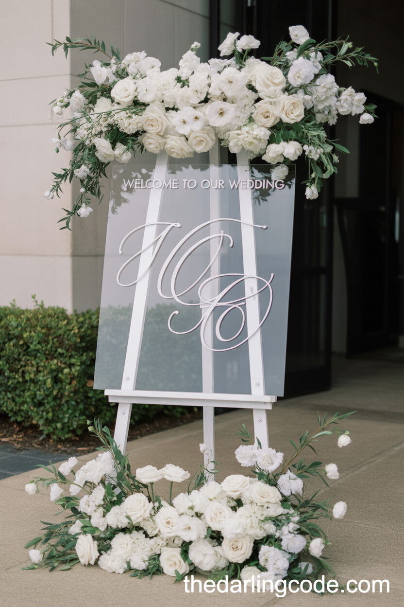 Modern Acrylic Welcome Sign With Cascading White Florals
