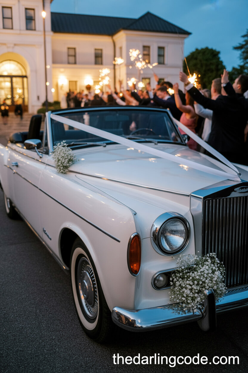 Vintage White Convertible Decorated For Wedding Send-Off