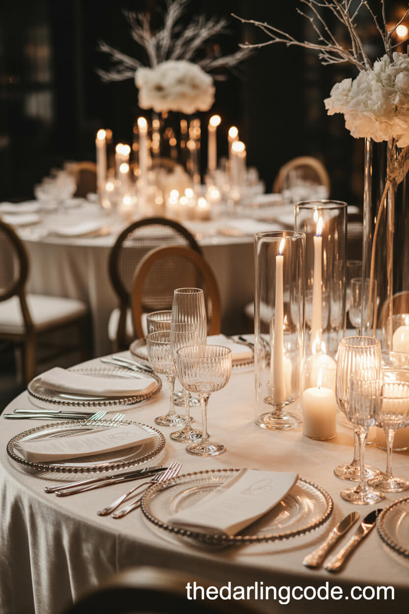 Winter Reception Tables With Velvet Linens And Candlelight