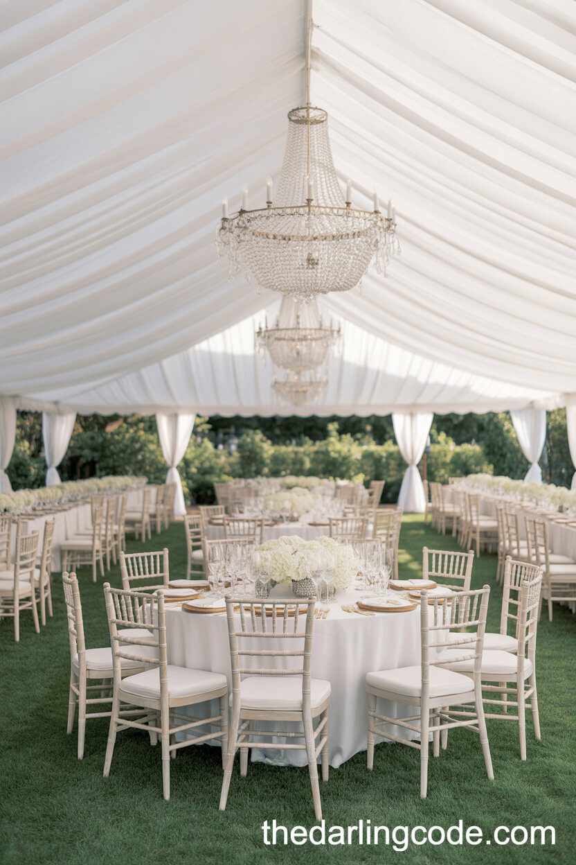 Chic Tent Wedding With White Drapes And Chandeliers
