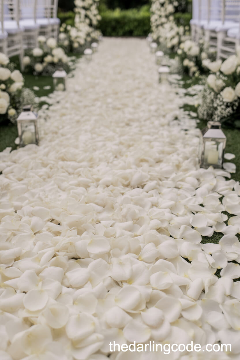 Aisle Covered In Dense White Rose Petals And Lanterns