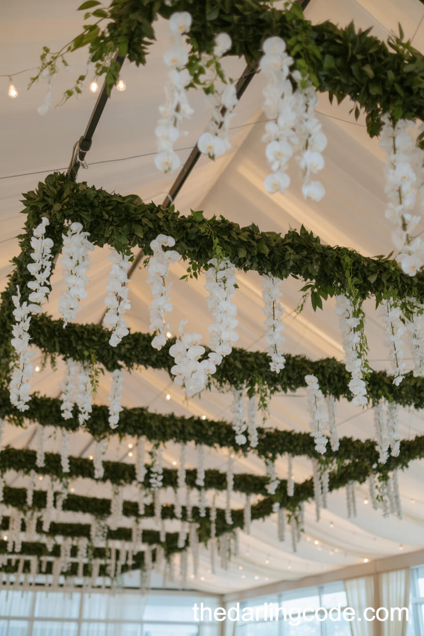 Suspended White Wisteria And Orchid Ceiling Decor