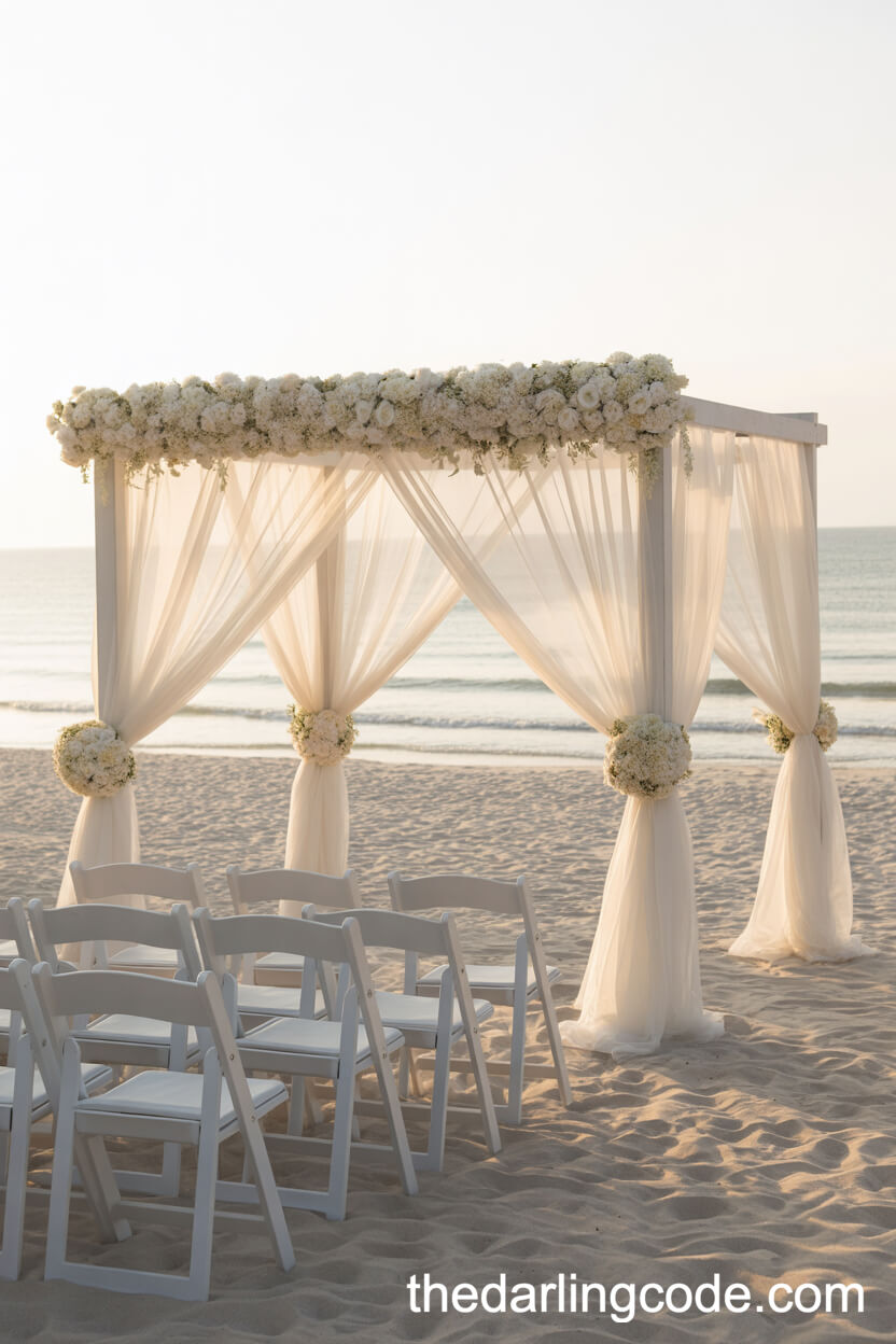 Serene Beachfront Arbor With Flowing White Fabrics