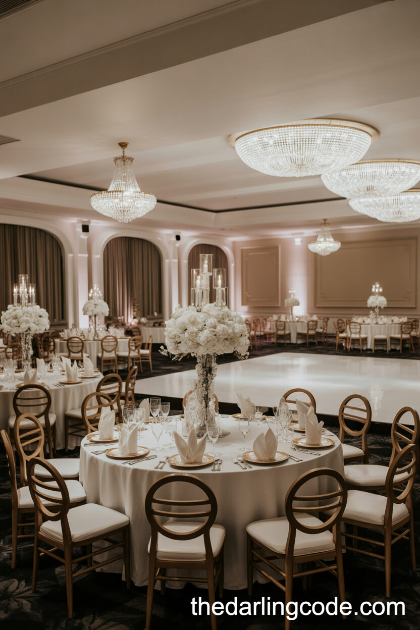 Opulent Ballroom Tables And Gleaming White Dance Floor
