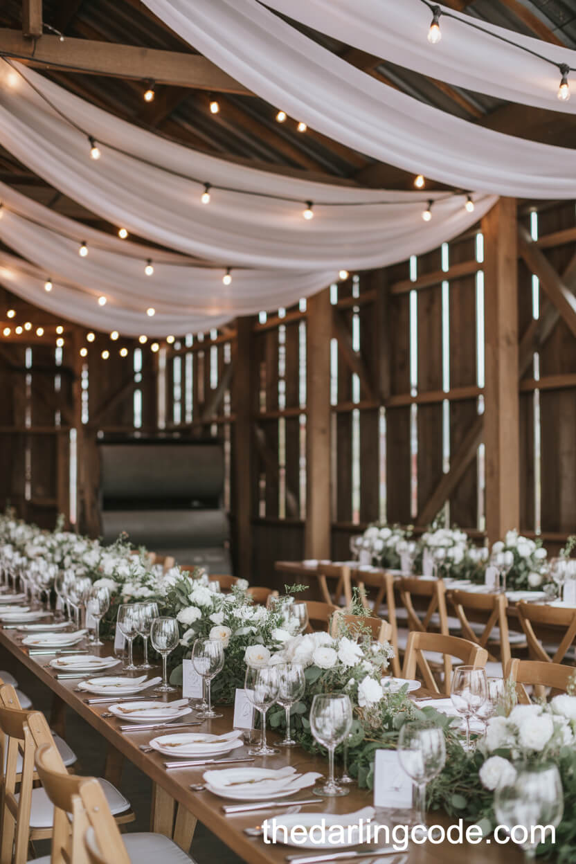 Rustic Barn Accented With White Drapes And Twinkle Lights