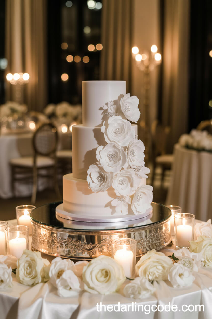 Elegant White Wedding Cake Display With Floral Surround
