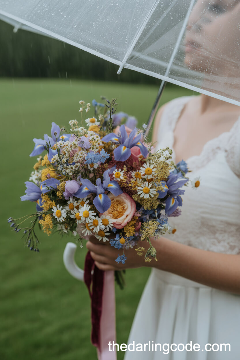 Rainy-Day Colorful Wildflower Wedding Bouquet