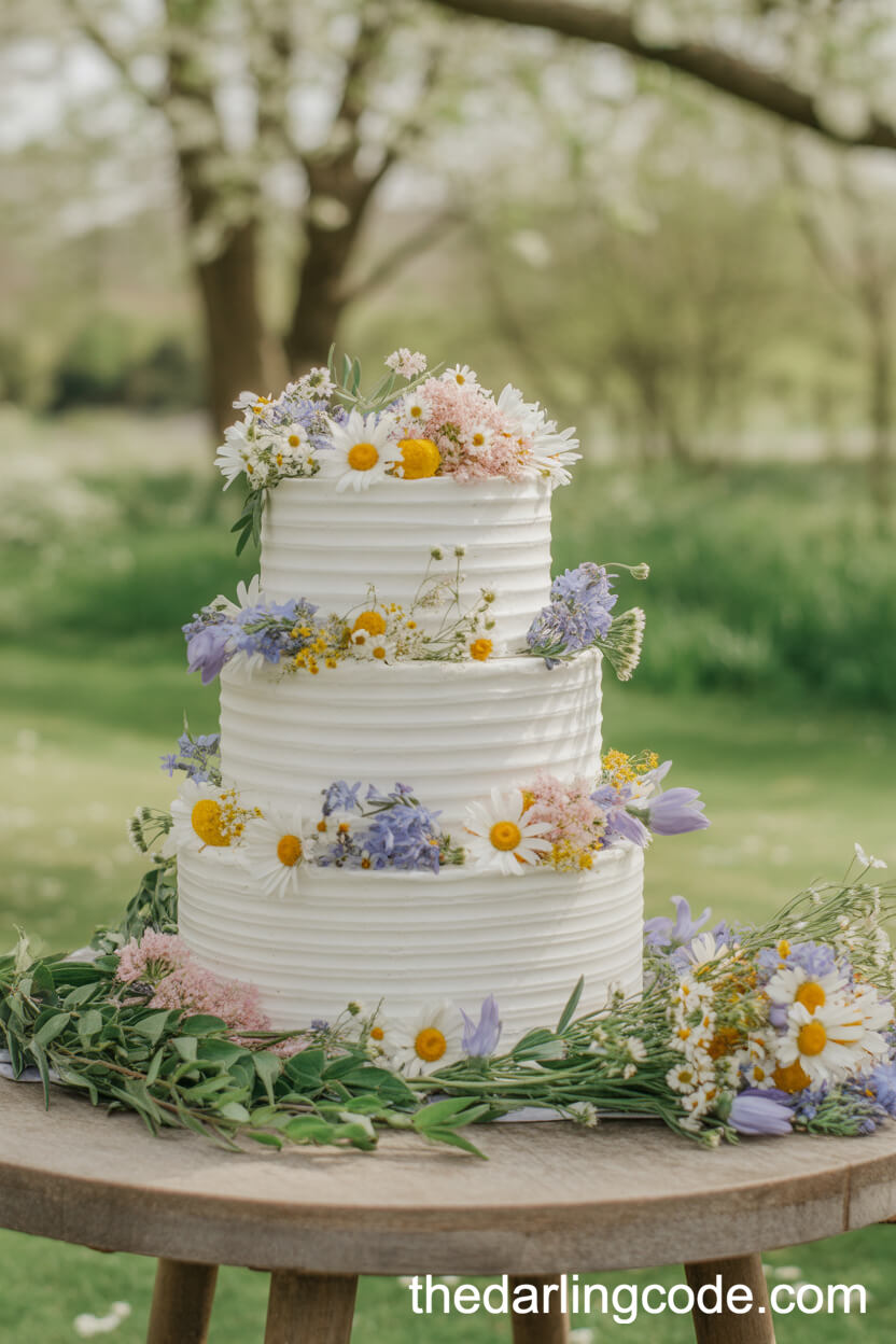 Three-Tier White Wedding Cake With Pastel Wildflowers