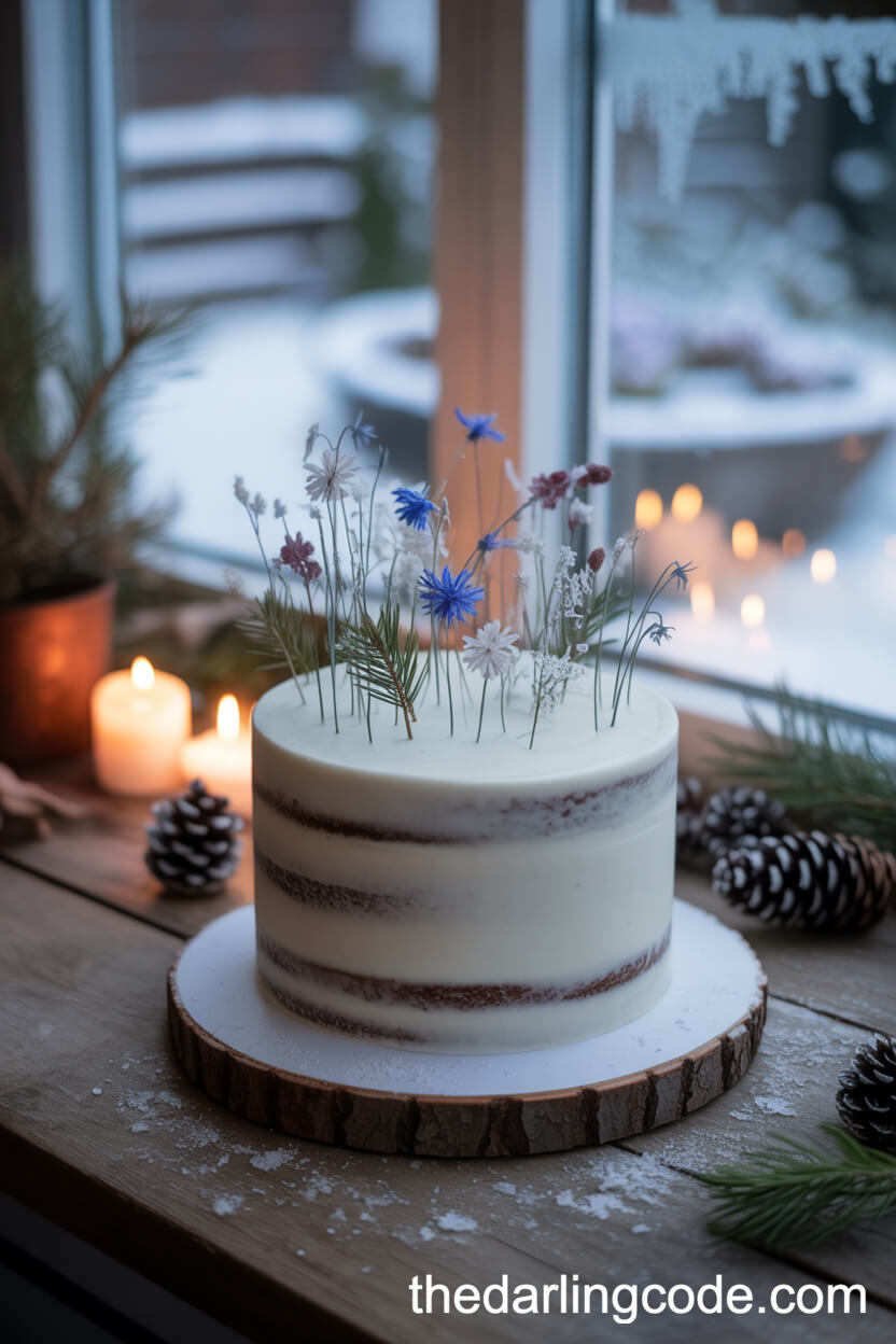 Winter Wedding Cake With Sugar Wildflowers And Pine