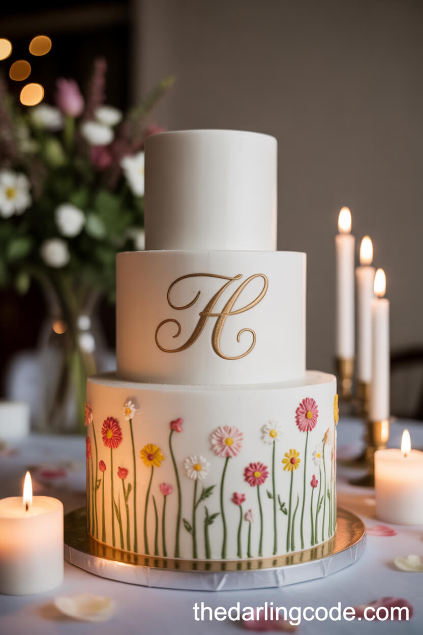Monogrammed Cake With Hand-Piped Wildflowers